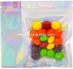China Custom Design Holographic Rainbow Clear Zipper Plastic Three Side Packaging Bag supplier