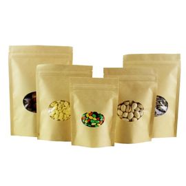 Resealable k Brown Kraft Paper Standing Up Pouches With Clear Oval Round Window supplier