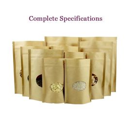 Resealable k Brown Kraft Paper Standing Up Pouches With Clear Oval Round Window supplier