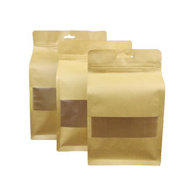 Food grade material ziplock flat bottom kraft paper bag with clear window and notch supplier