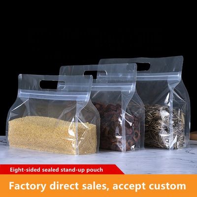 clear plastic Snack Zipper bag eight sides seal Zipper Block Square Flat Bottom Pouch supplier