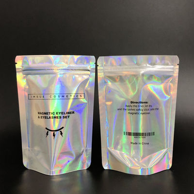 Custom logo zipper glittery silver shinny hologram zip lock gift plastic iridescent packaging bag supplier