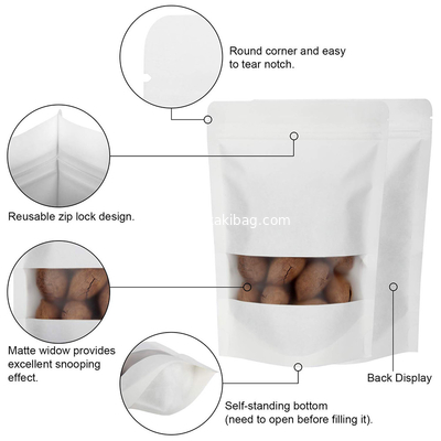 Custom Resealable ziplock white stand up pouch kraft paper packaging bag for food with window supplier